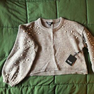 Simply Vera Vera Wang Taupe Crewneck Sweater with Pearl Embellishments